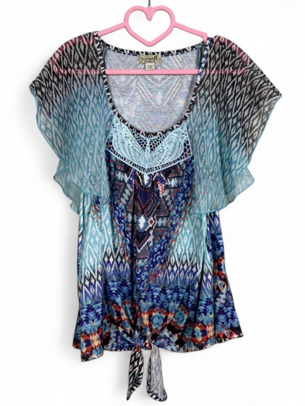 One World Boho Blue Multi-Print Tie-Front Tunic Top